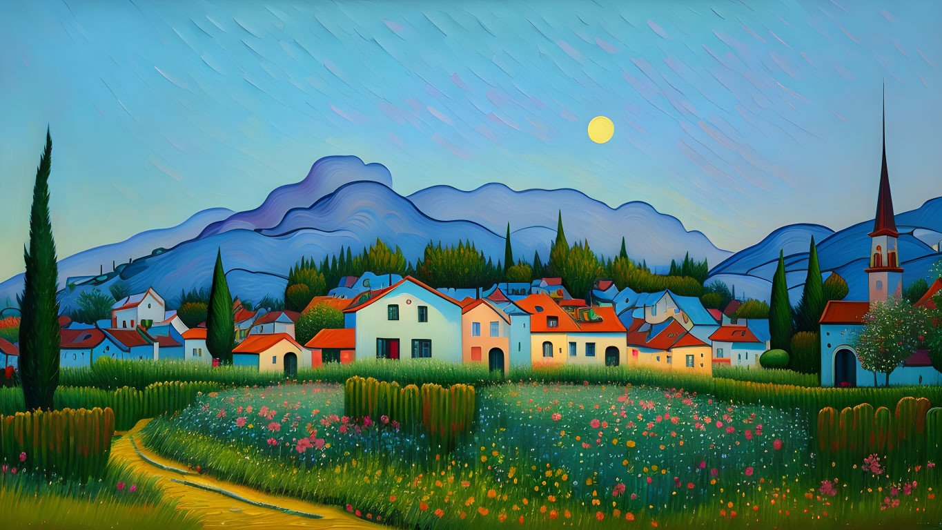 Colorful village painting with mountains and sunset sky