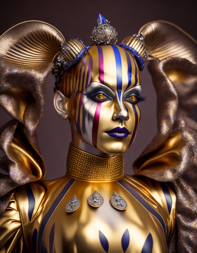 Person with Gold and Purple Striped Makeup and Elaborate Horn-Shaped Headgear