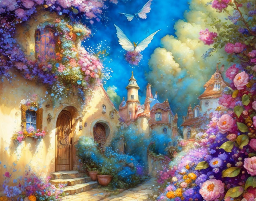 Whimsical fairy tale village painting with blooming flowers and colorful butterflies