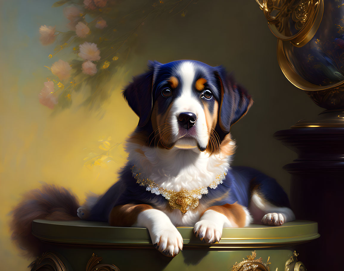 Regal tri-color dog with gold necklace on plush floral backdrop