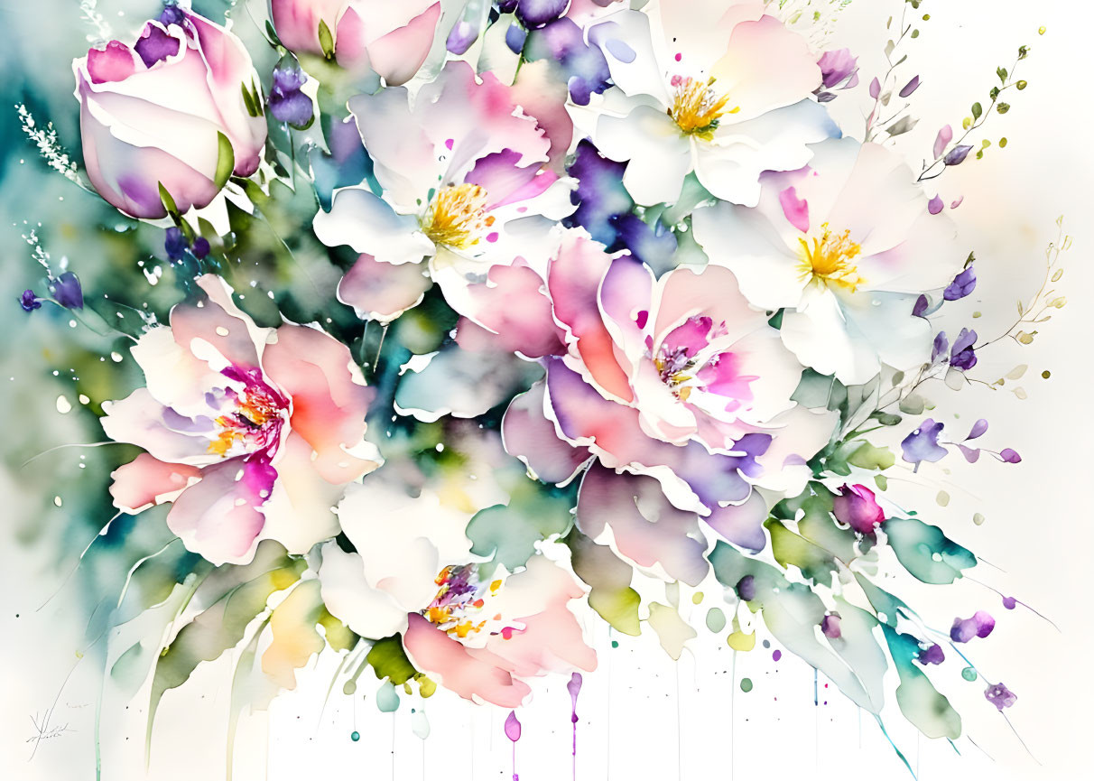 Pastel-colored flowers in vibrant watercolor painting