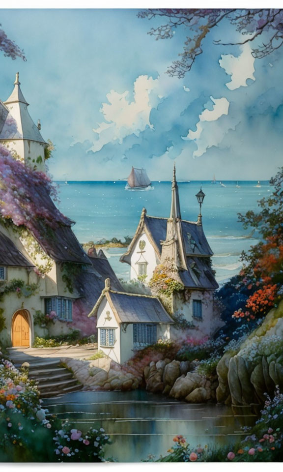 Picturesque seaside village with thatched-roof cottages and sailboats amidst colorful flora