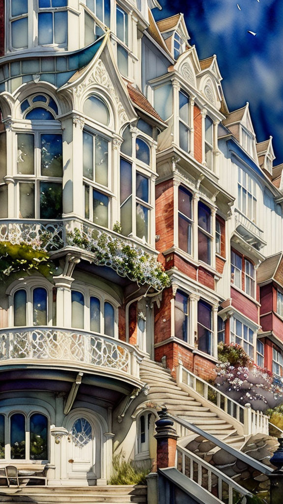 Ornate Victorian Townhouses with Balconies, Arched Windows, and Staircases