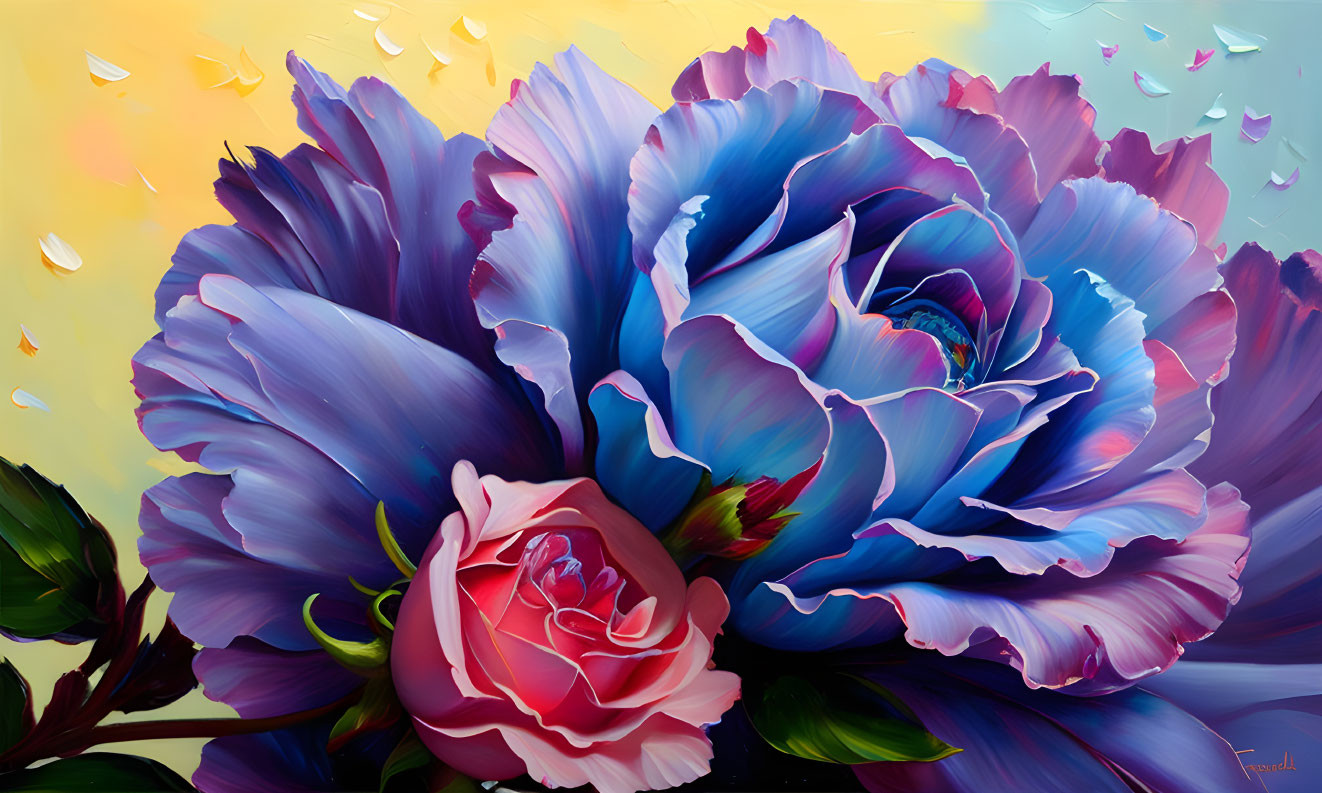 Colorful painting of blue and pink roses on gradient background