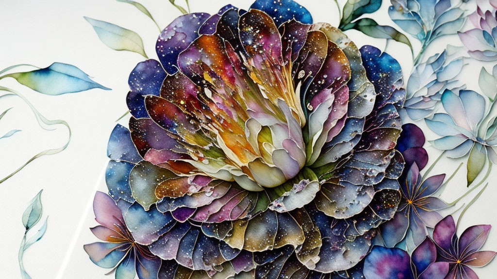 Detailed Watercolor Painting of Vibrant Multi-Colored Flower