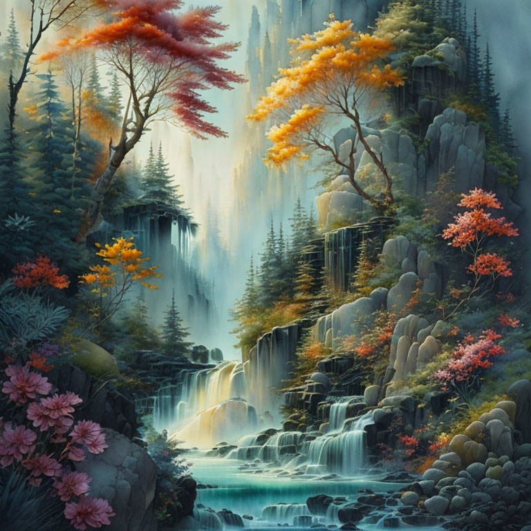 Tranquil landscape: waterfalls, mist, colorful trees, rocky cliffs