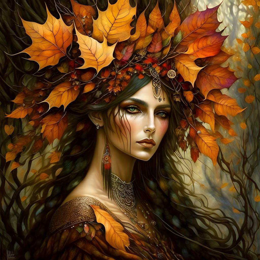 Surreal portrait of woman with autumn leaf headdress in mystical forest