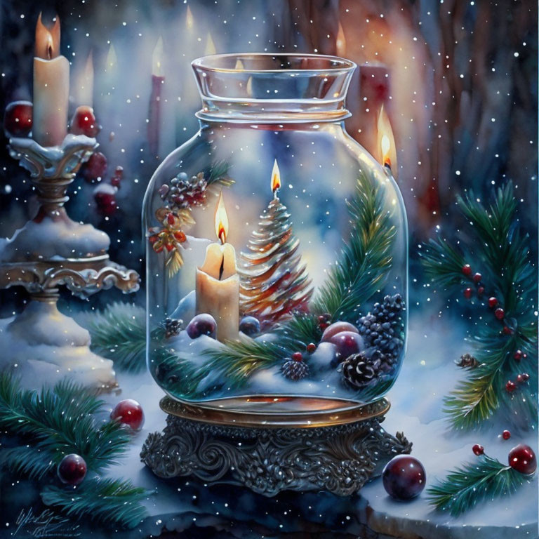 Winter Scene Painting with Candle, Pine Tree, Snow, and Baubles