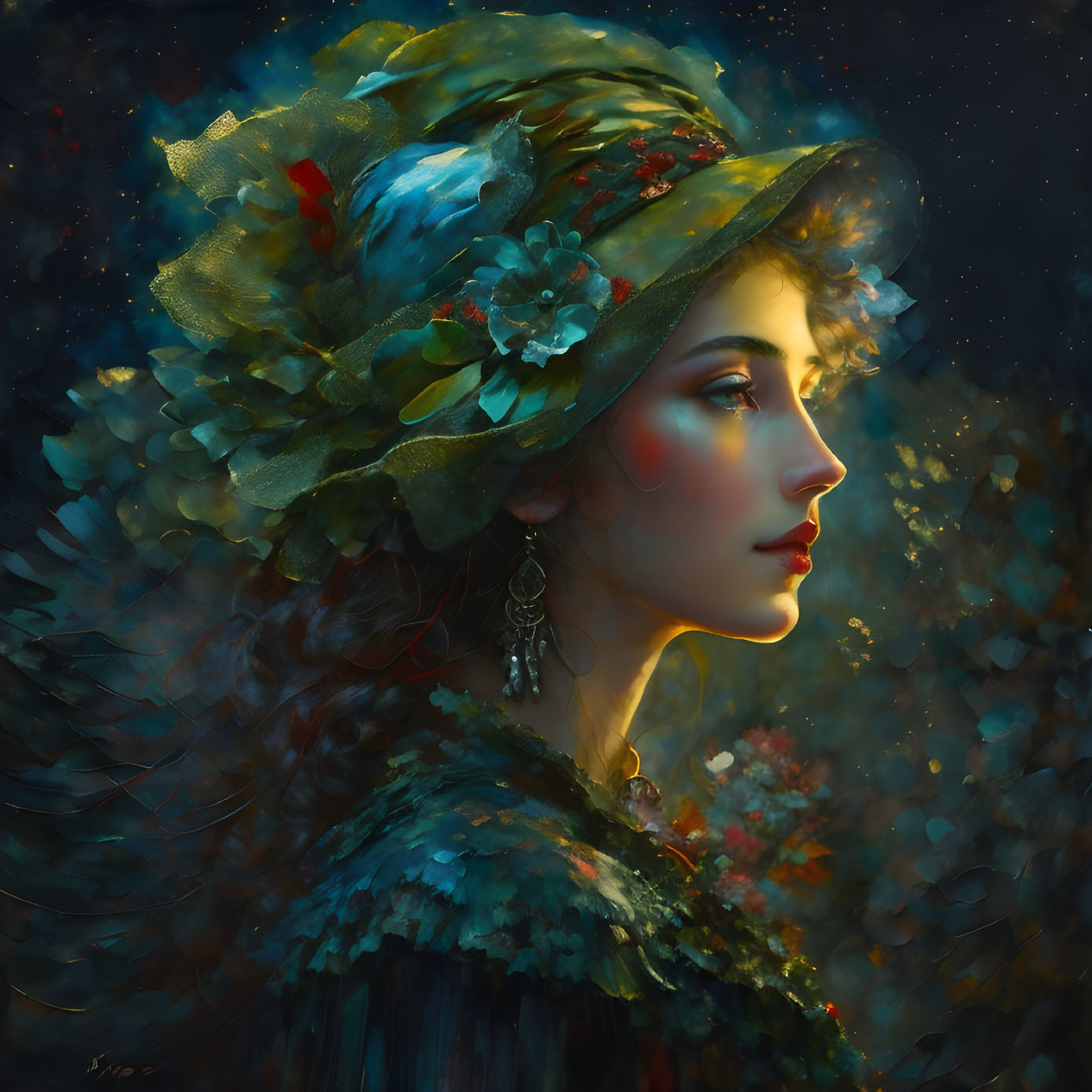 Portrait of woman in green hat with feathers and flowers, side-lit against dark background