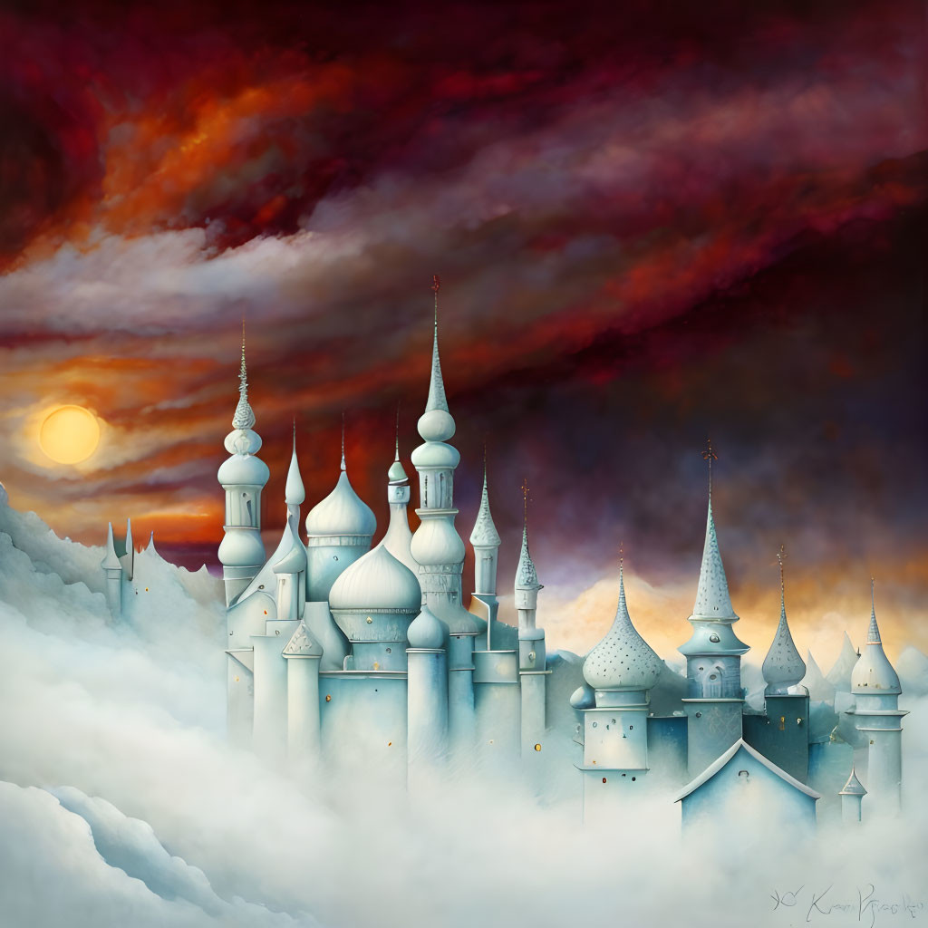 Whimsical fantasy landscape with multiple spires and domes under dramatic sunset sky