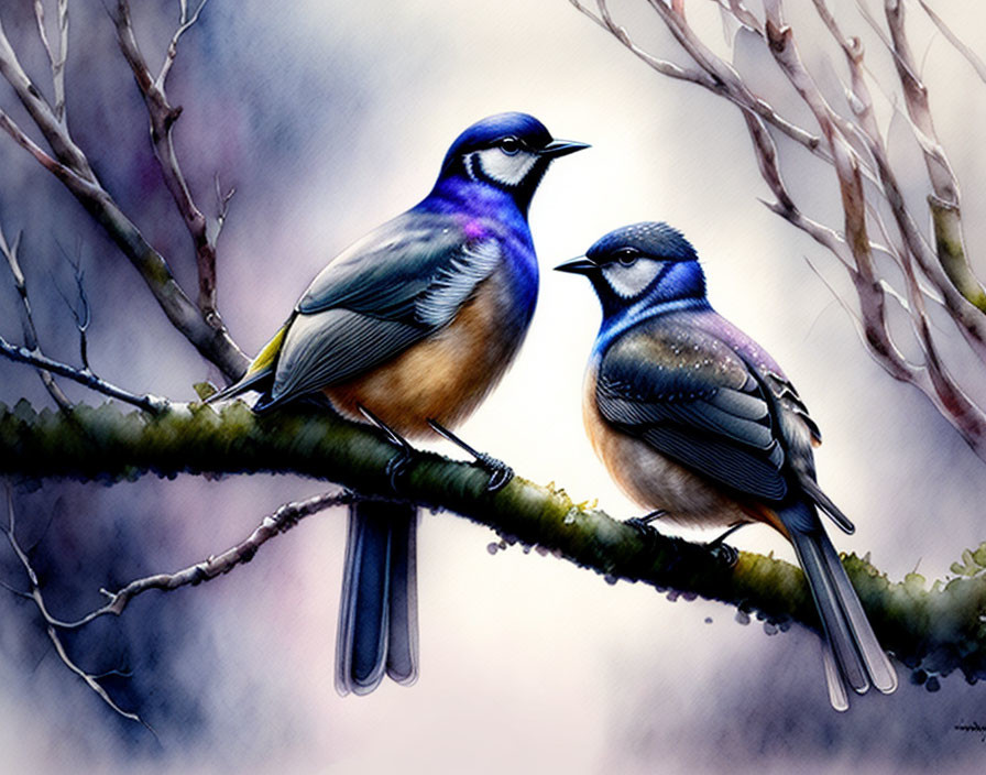 Colorful Birds Perched on Branch with Soft-focus Background