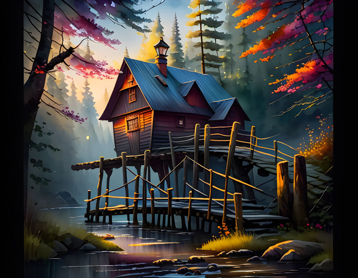 Cozy cabin with bridge over stream in autumn setting