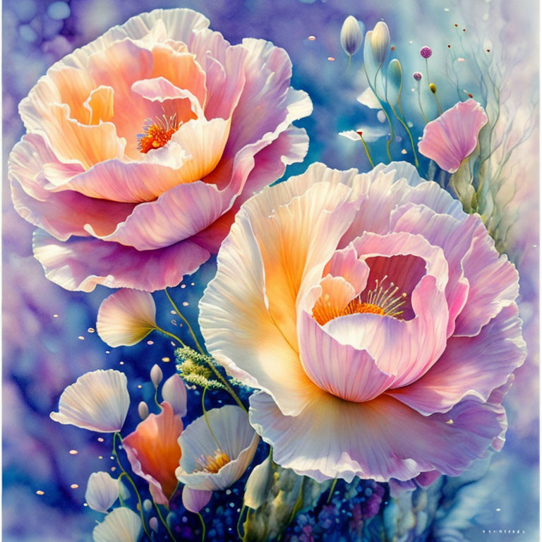 Detailed Pink Poppies in Full Bloom on Soft Violet Background