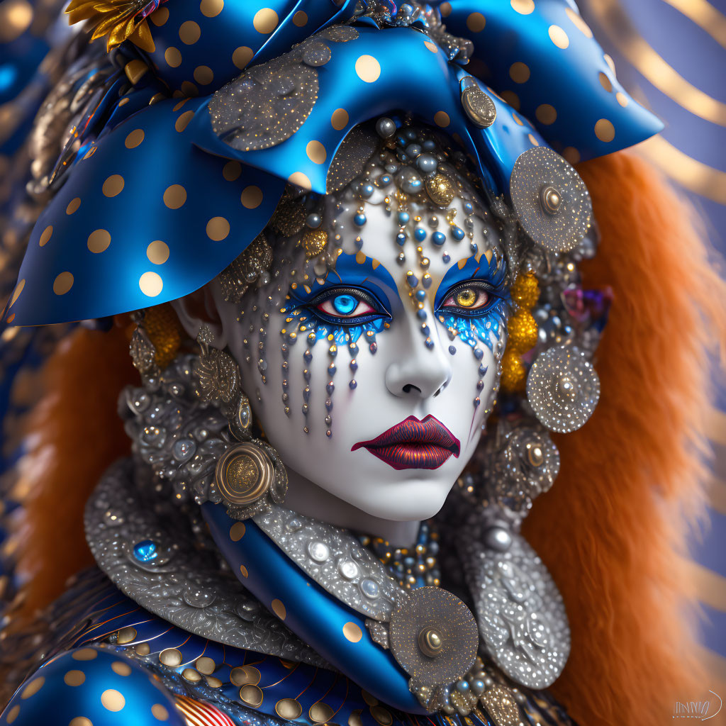 Portrait of a person with blue and gold makeup, ornate headpiece, metallic costume on blue background