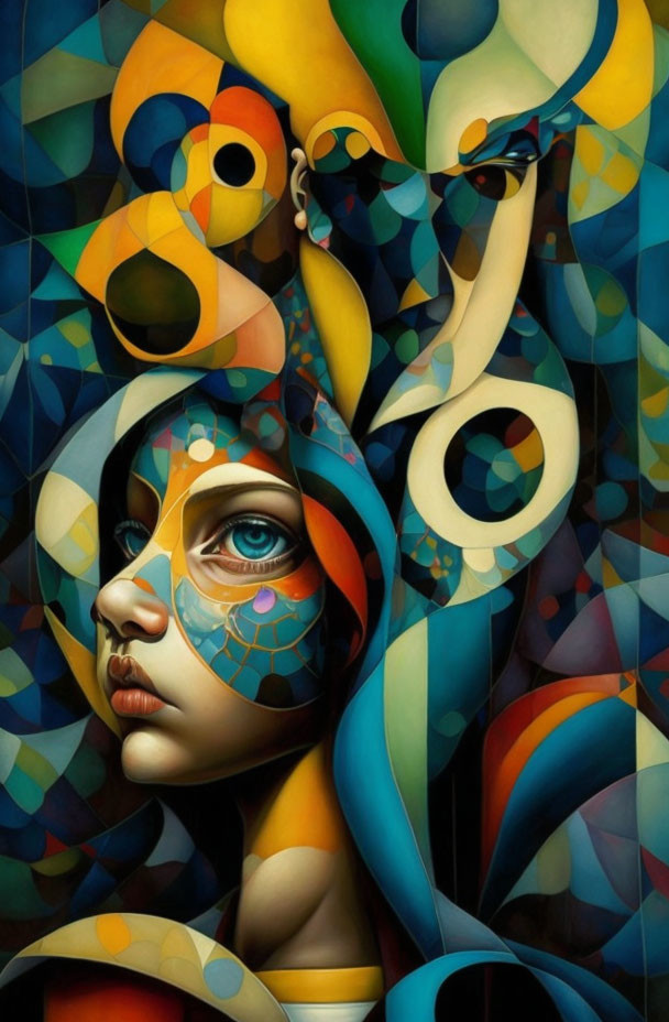 Vibrant surreal portrait of a woman with colorful patterns and shapes