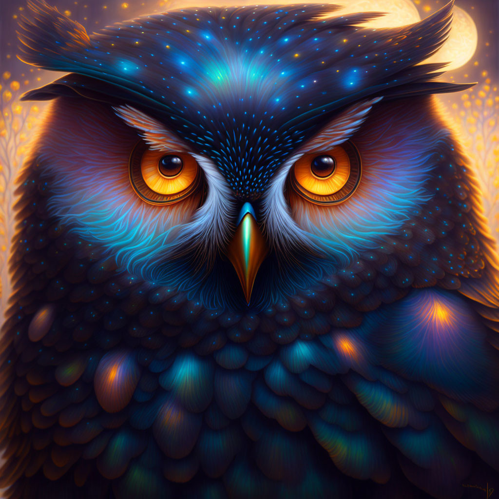 Colorful Digital Artwork: Owl with Luminous Feathers in Blue, Orange, and Brown