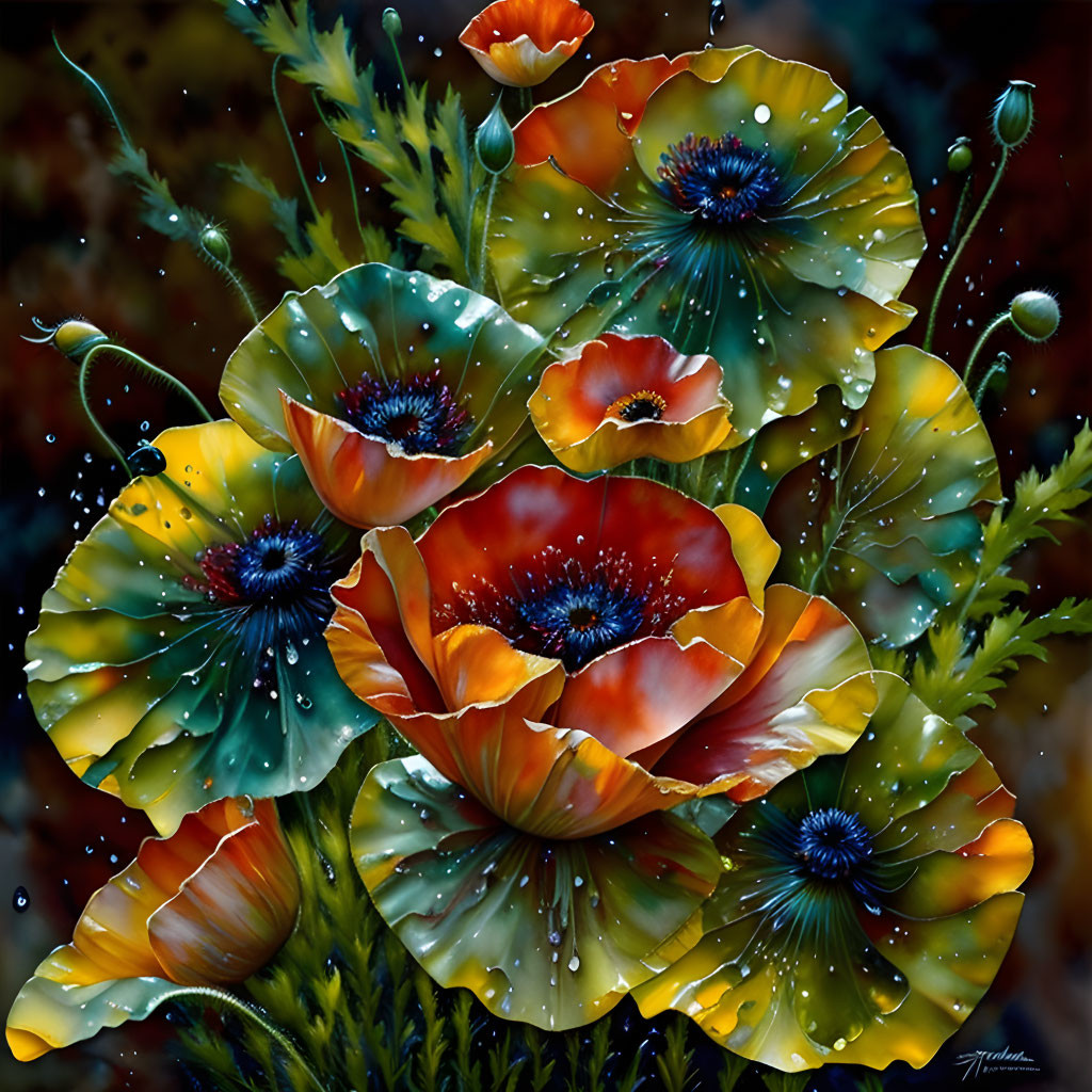 Colorful digital painting: Dew-covered poppies in yellow, orange, and blue.