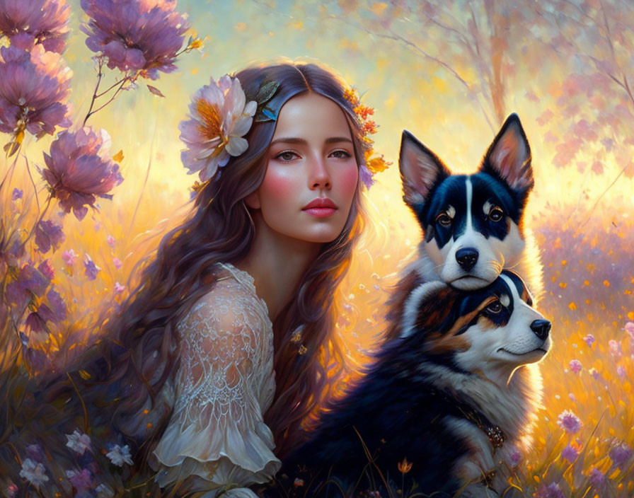 Woman with floral headband and husky dog in flower-filled meadow at sunset.