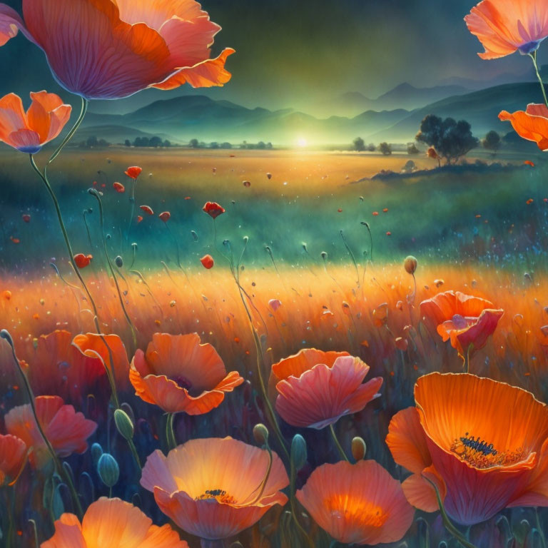 Scenic poppy field with mountains at sunrise