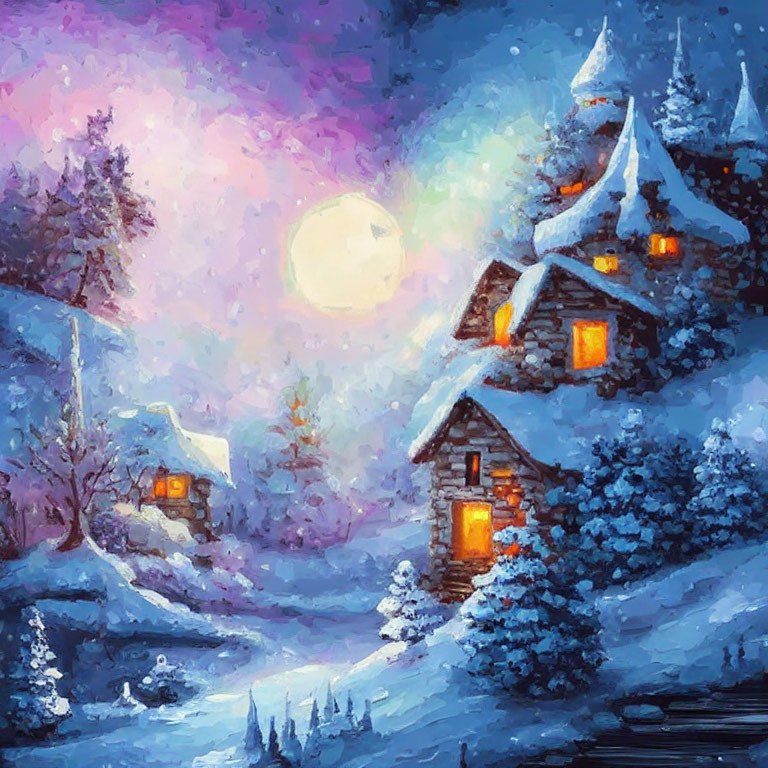 Snow-covered village with warmly-lit cottages under twilight sky