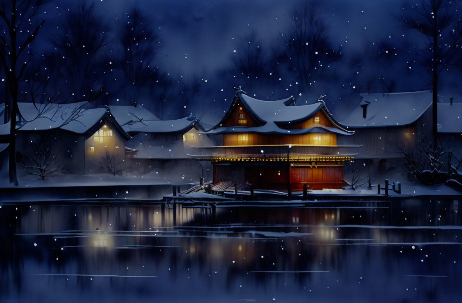 Snowy Night Scene: Traditional Houses by Frozen Lake, Warmly Illuminated