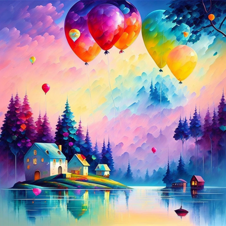 Vibrant landscape with floating balloons above lake and sunset sky