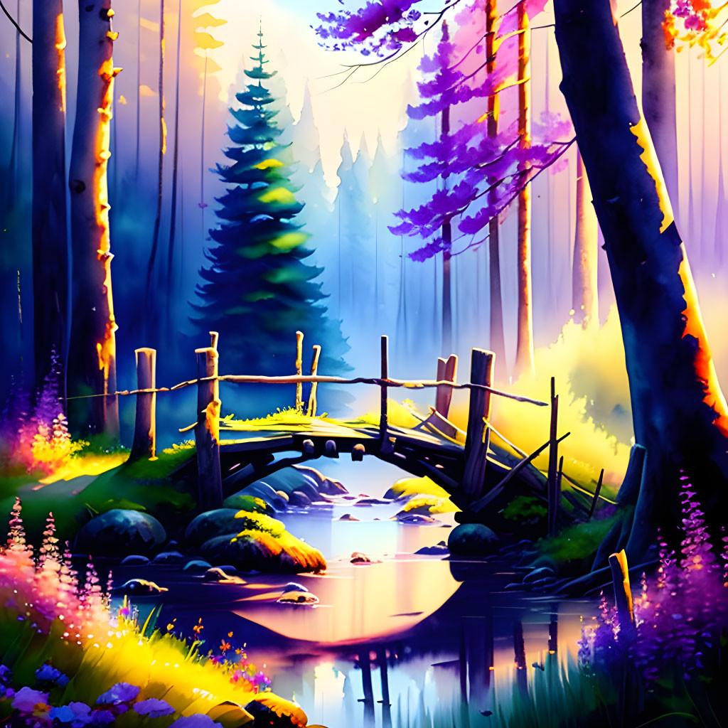 Vibrant forest scene with wooden bridge and serene stream