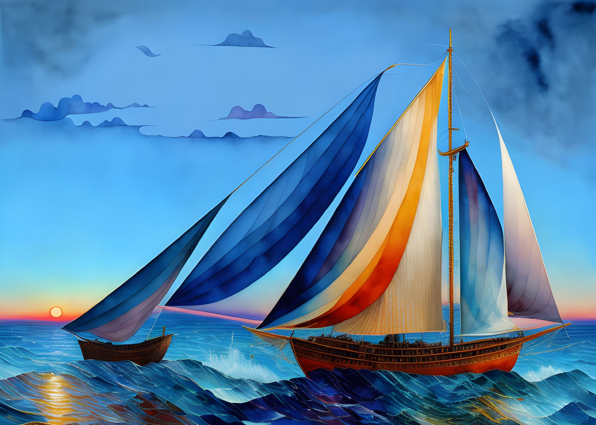 Vibrant sailing ships on ocean waves at sunset with gradient sky