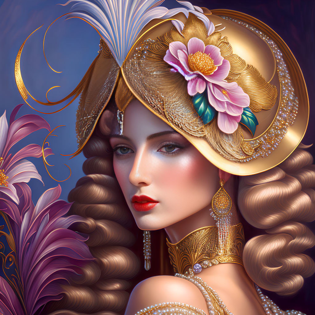 Illustrated woman with golden feathered hat and floral accessories on twilight backdrop