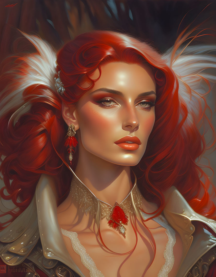 Digital Artwork: Woman with Red Hair and Ornate Jewelry in Autumn Light