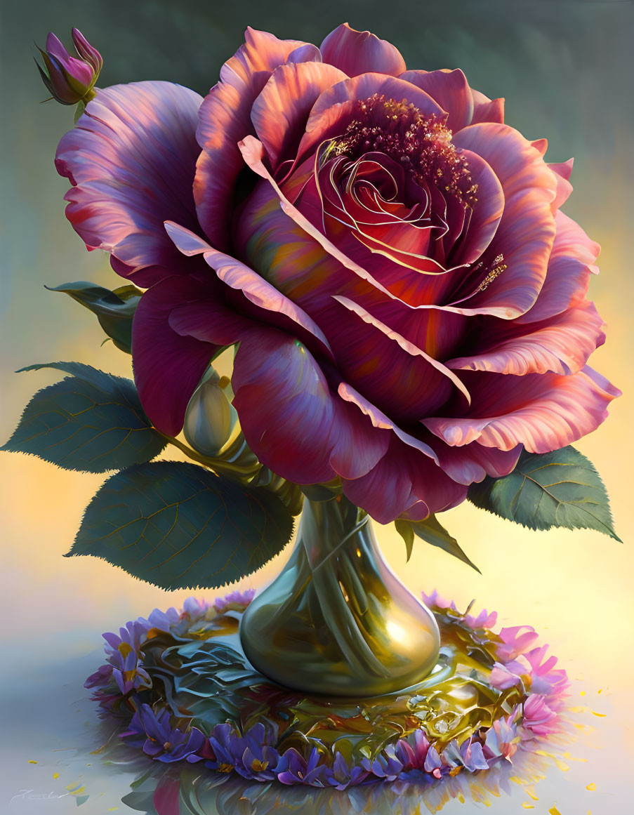 Detailed Digital Painting of Vibrant Rose in Golden Vase