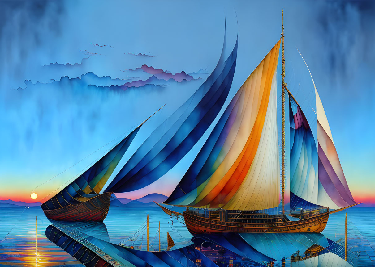 Colorful Sailboat with Expansive Sails on Blue Waters at Sunset