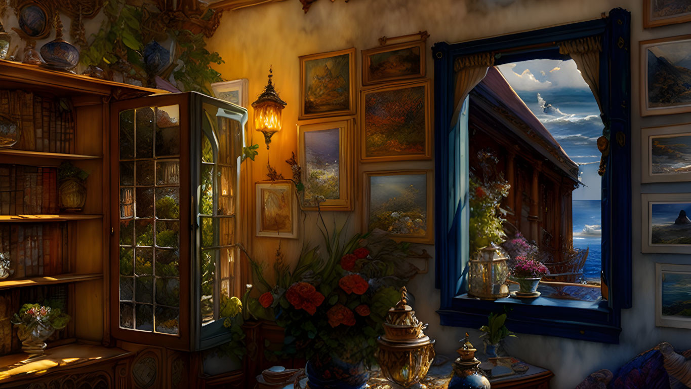 Inviting interior with bookcase, paintings, sea view window, flowers, and warm lighting