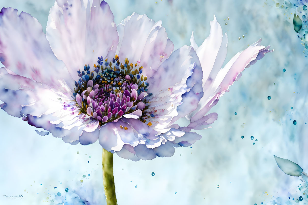 Delicate translucent-white flower with purple accents and water droplets on soft blue bokeh background