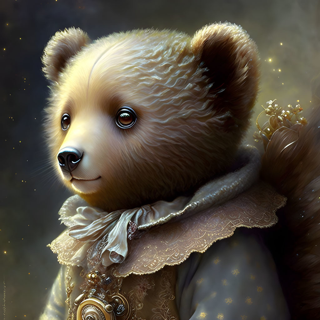 Regal anthropomorphic bear with glossy eyes and vintage pocket watch