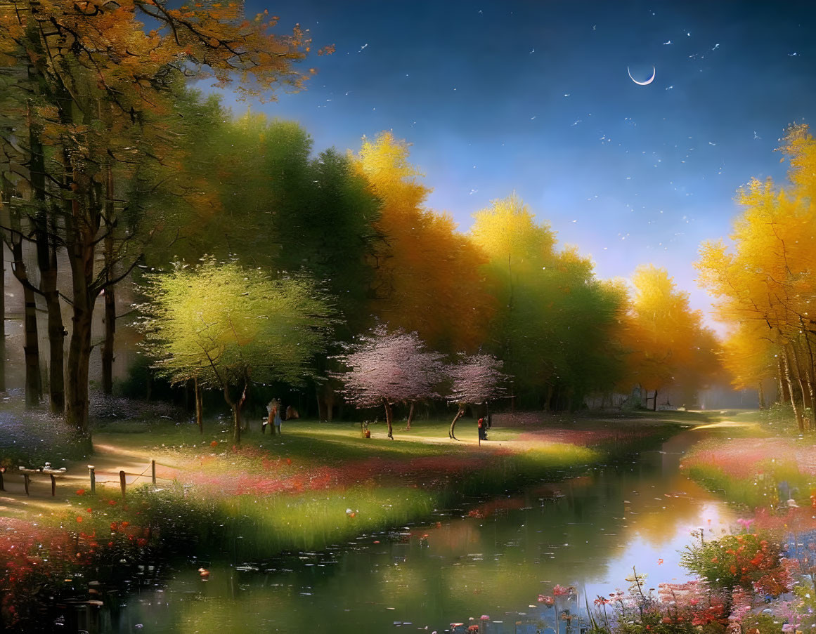 Tranquil twilight river scene with crescent moon and autumn trees