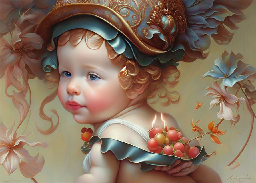 Fantasy painting of cherubic child with cherries and whimsical hat