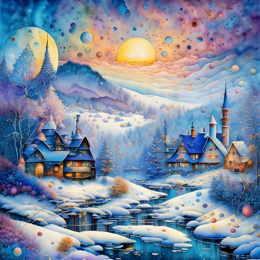 Fantasy winter landscape with colorful houses, river, snowy trees, surreal sky