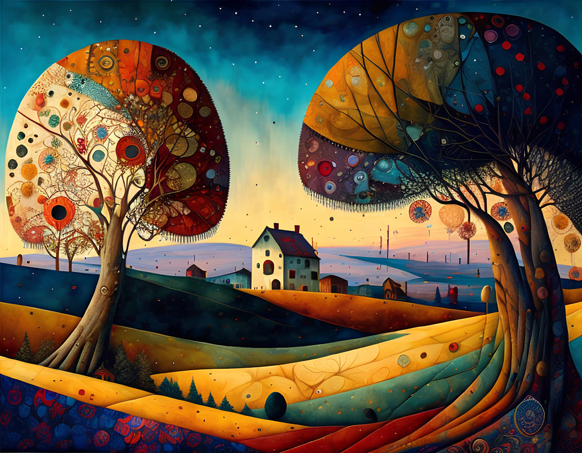 Colorful painting of rolling hills, house, trees under starry sky