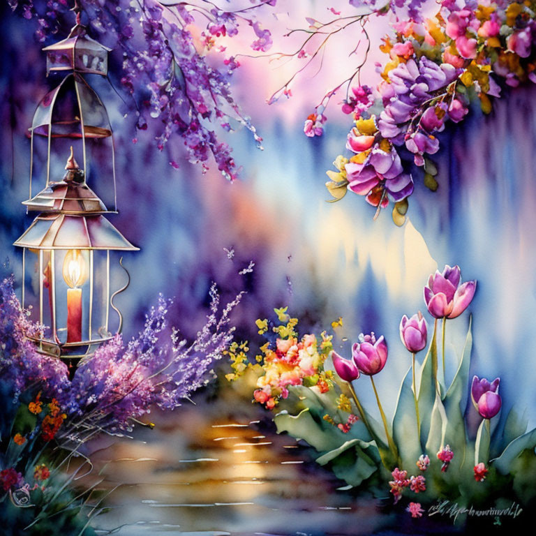 Colorful watercolor painting of lantern, wisteria, and flowers against dusk backdrop