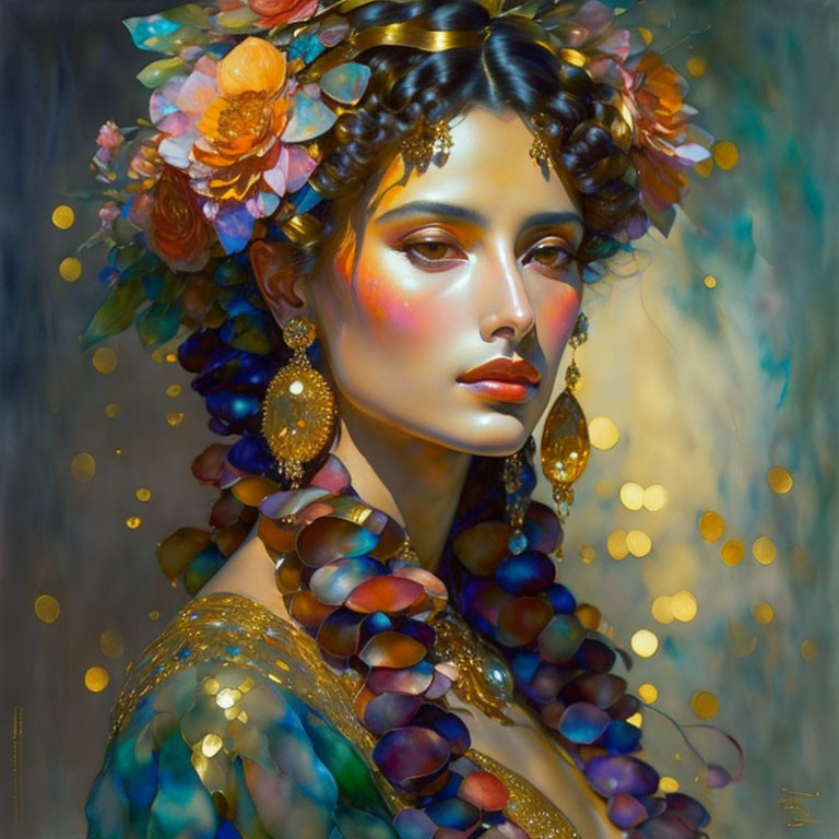 Portrait of woman with floral headpiece, gold jewelry, multicolored attire, and mystical golden glow