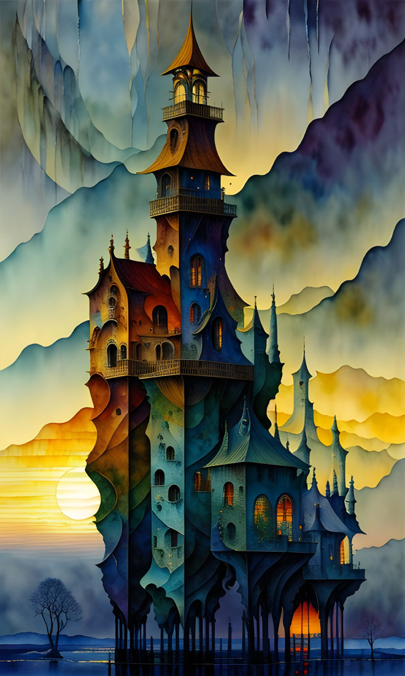 Fantasy castle with tall spires and ornate windows at sunset