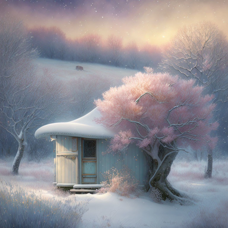 Snow-covered landscape with small cabin and blooming pink tree at twilight