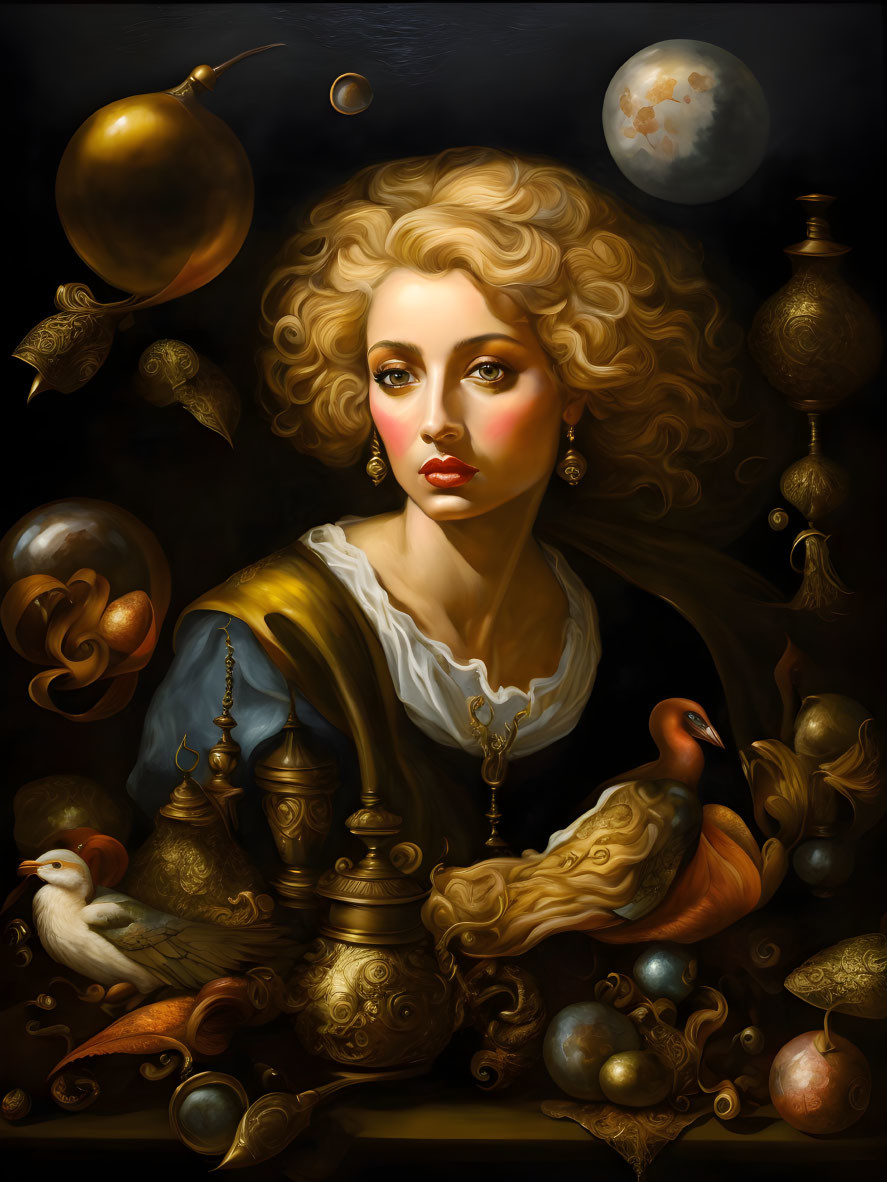 Baroque-style portrait of a woman with surreal elements