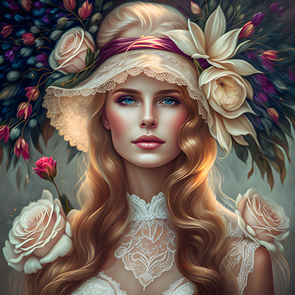 Ethereal woman with floral hat and lace in digital art