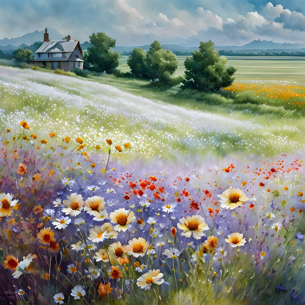 Tranquil countryside landscape with house, fields, wildflowers, and cloudy sky