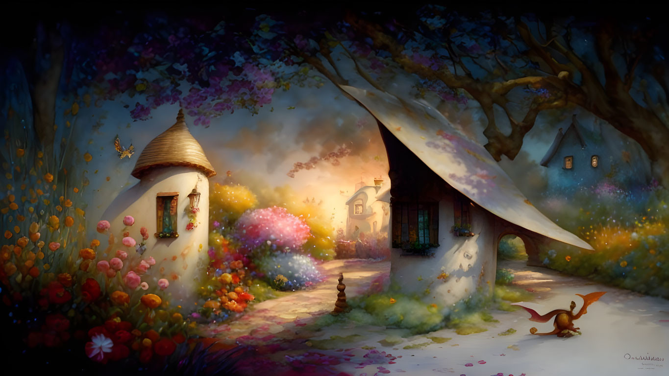 Colorful Village Painting with Playful Squirrel and Fantastical Gardens