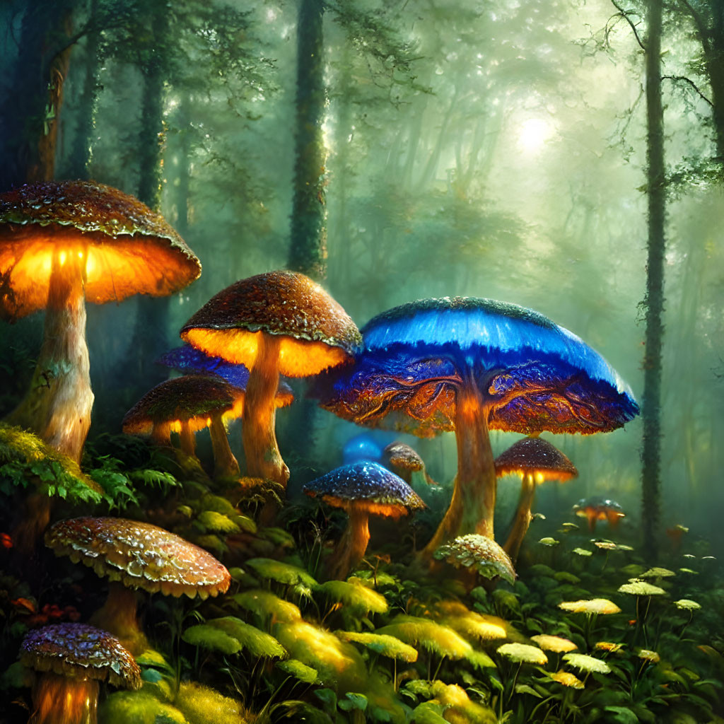 Mystical forest scene with oversized glowing mushrooms and ethereal light.