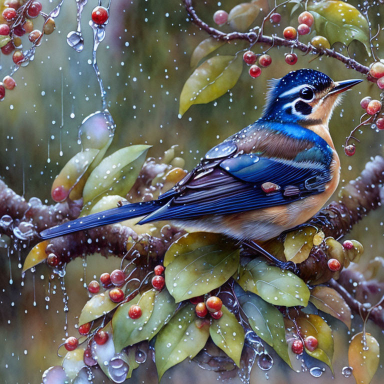 Vibrant bird on branch with red berries, raindrops, and green leaves