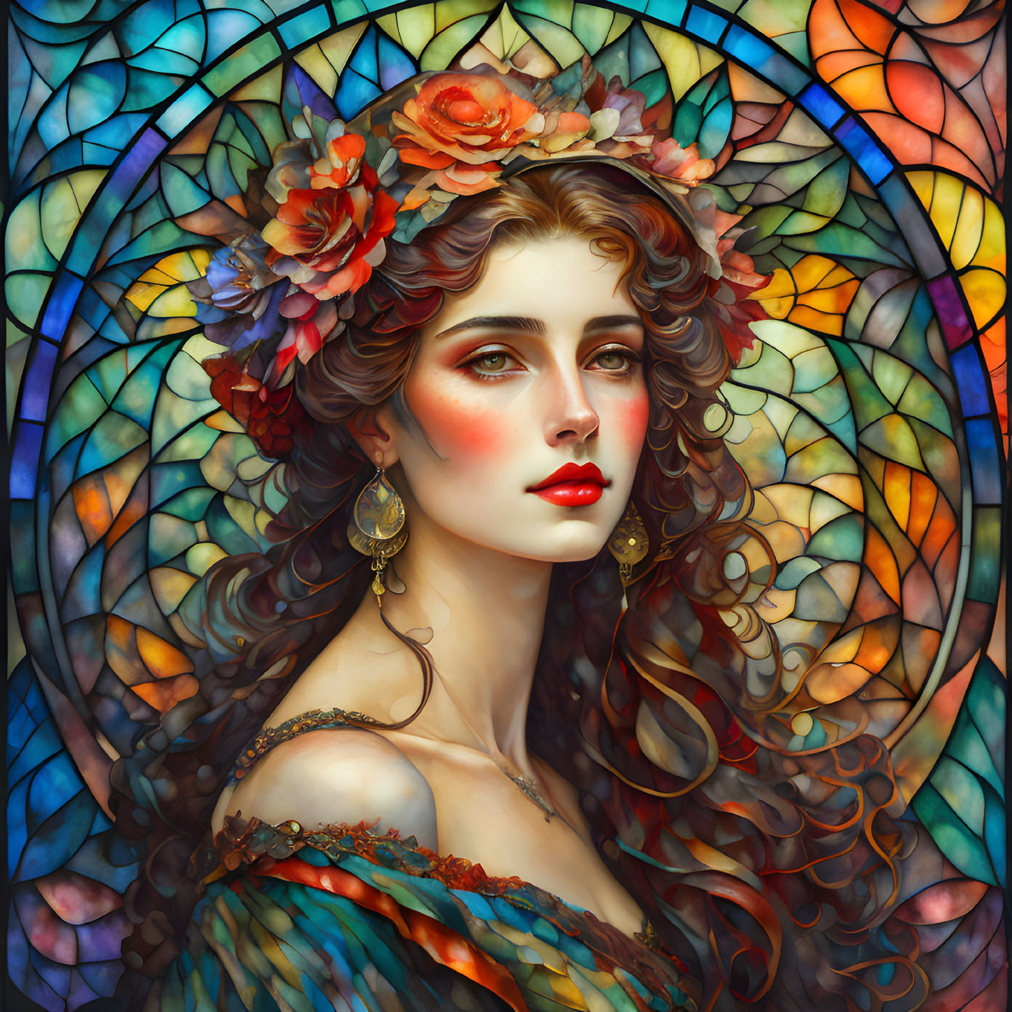 Illustrated woman with floral adornments and stained glass background.